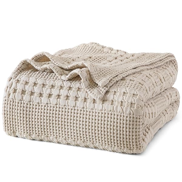 PHF "PHF King Size 100% Cotton Waffle Weave Blanket - Lightweight, Soft & Breathable Home Decor in Oatmeal - 108"x90" for Bed & Sofa"