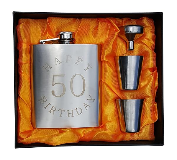 Palm City Products 50th Birthday Flask Gift Set Engraved Happy 50 Birthday Perfect Gift for Milestone Celebration