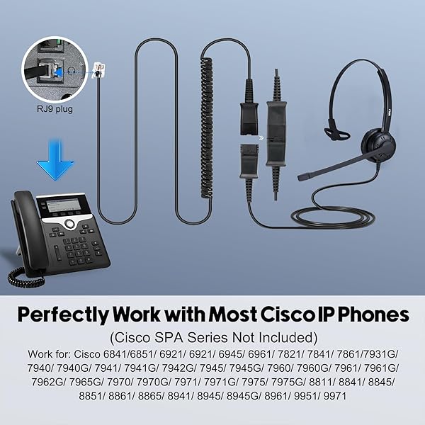 MKJ MKJ Cisco Telephone Headset: Noise-Canceling Corded RJ9 for CP-7861, 7942G, 7945G & More - Perfect for Call Centers - View 6 of 7