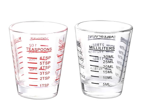 BCnmviku Heavy Glass Shot Glasses & Measuring Cup Set - 2 Pack with 26 Measurements (1oz, 30ml) - Black & Red Espresso Glasses