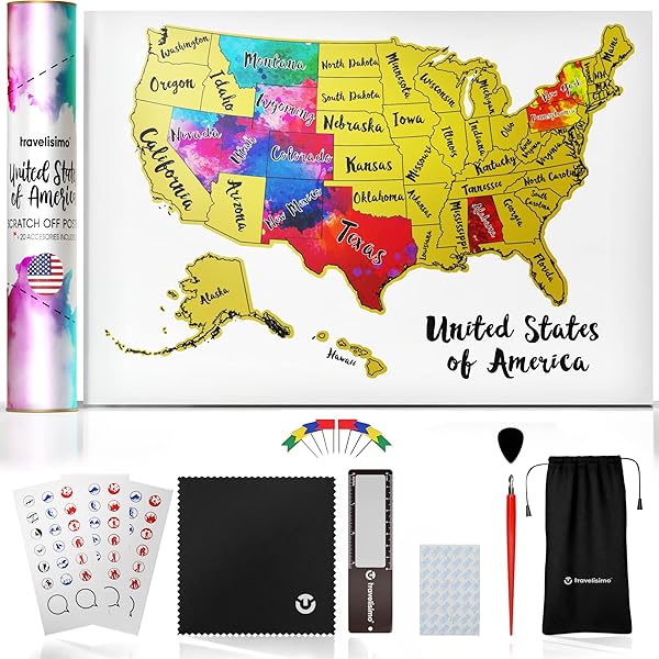TRAVELISIMO TRAVELISIMO Scratch Off Map of the USA - 12x17 Travel Map with 25 Accessories | Perfect Gift for Travelers!