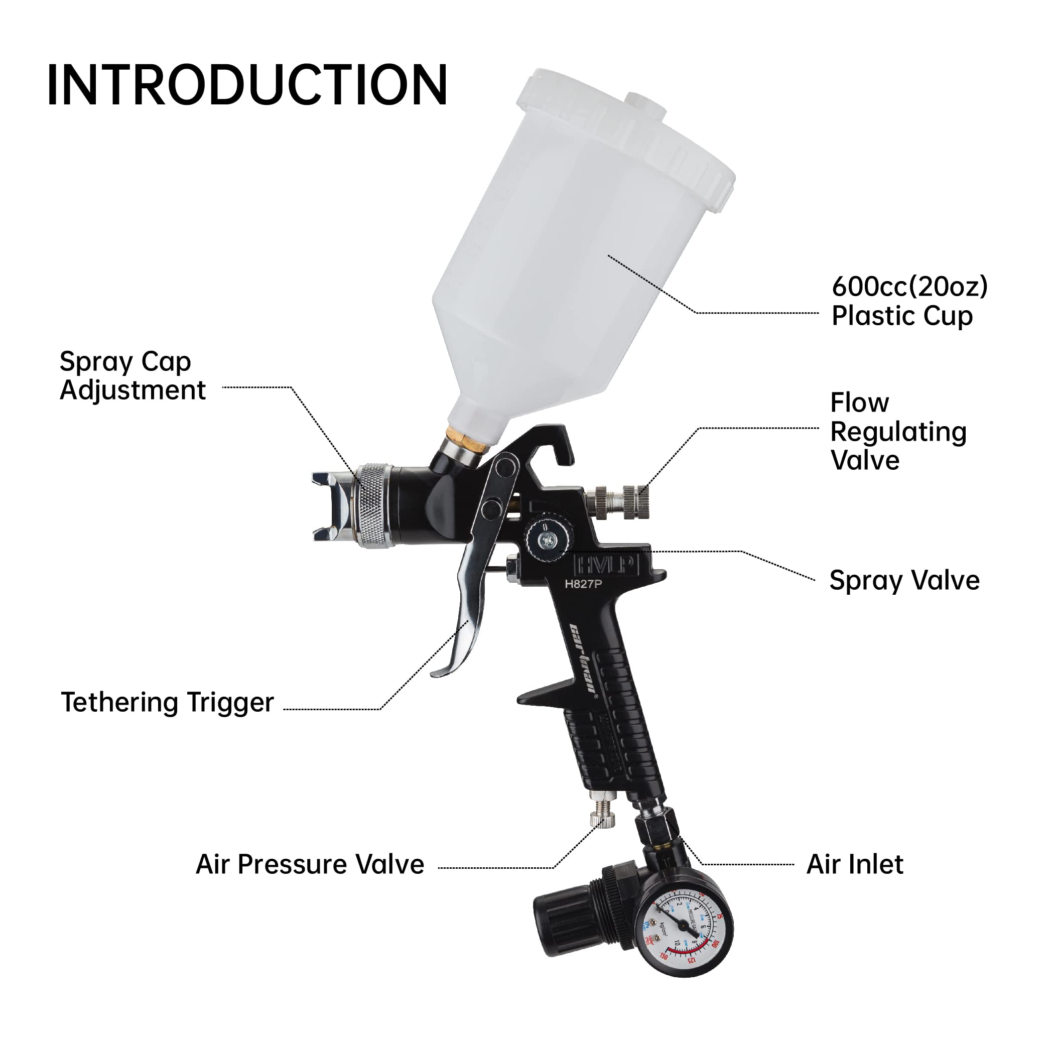Cartman HVLP Gravity Feed Air Spray Gun H827P 20.2 oz Capacity Optimal Pressure 2-3.5bar 1.4mm Nozzle with Air Regulator - View 2 of 6