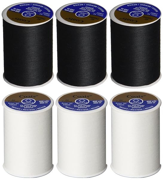Coats Corrente Coats & Clark Dual Duty Thread 6 Pack Bundle: 3 Black & 3 White 400 Yard Spools for All-Purpose Sewing
