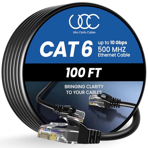 Ultra Clarity Cables Ultra Clarity Cables Cat 6 Ethernet Cable 100 ft, Outdoor&Indoor 10Gbps Ethernet Cable, High Speed Cat6 Cable RJ45 LAN Internet Cable for Computer, Router, Modem, PS4/5, Xbox, Gaming - Black