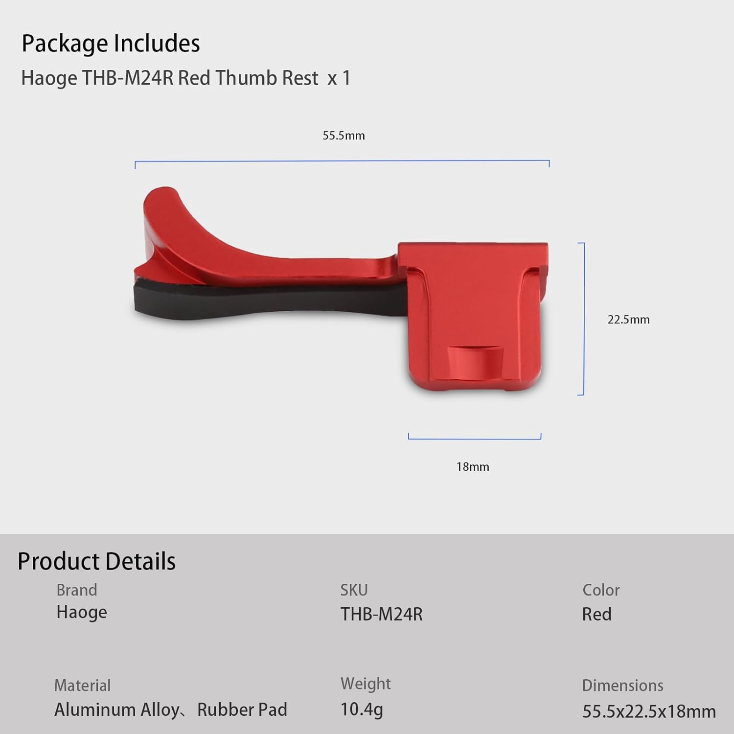 Haoge Haoge THB-M24R Metal Hot Shoe Thumb Up Rest Hand Grip for Leica M240 M262 M-P M-D Camera Red - View 7 of 8