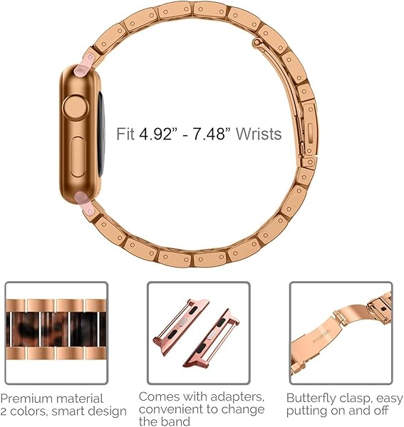 Wearlizer Wearlizer Apple Watch Bands 42-49mm Stainless Steel Resin Bracelet for Men and Women Dark Rose Gold Tortoise Design - View 5 of 7