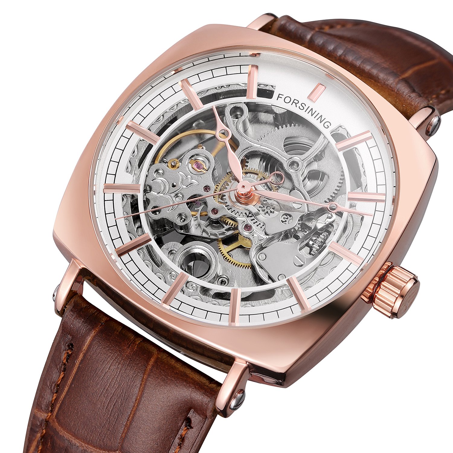 Forsining Men's Automatic Self-Winding Skeleton Square Watch with Leather Strap Quality Timepiece - View 2 of 6