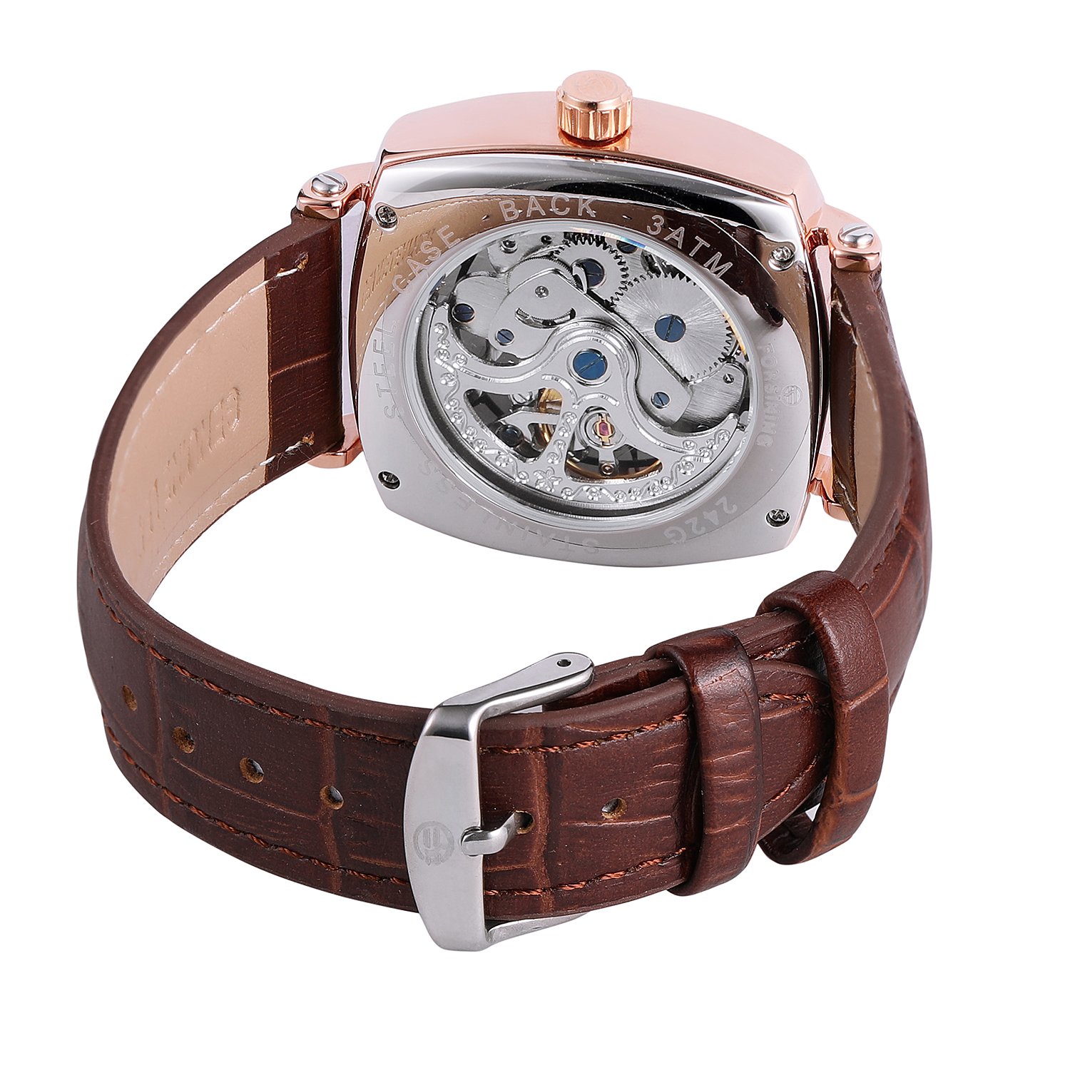 Forsining Men's Automatic Self-Winding Skeleton Square Watch with Leather Strap Quality Timepiece - View 3 of 6