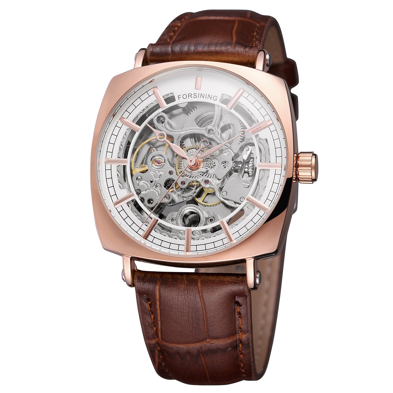Forsining Men's Automatic Self-Winding Skeleton Square Watch with Leather Strap Quality Timepiece