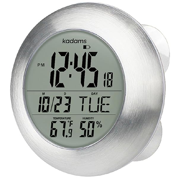 KADAMS KADAMS Large LCD Bathroom Shower Clock Water Resistant Timer with Temperature Humidity Display Multiple Mounting Options Silver