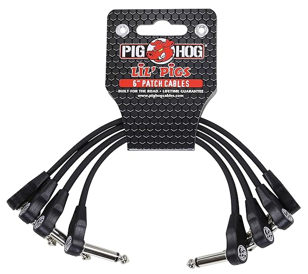 Pig Hog "Pig Hog PHLSK6BK 6" Low Profile Right-Angle 1/4" Black Instrument Patch Cables - 4 Pack for Musicians"