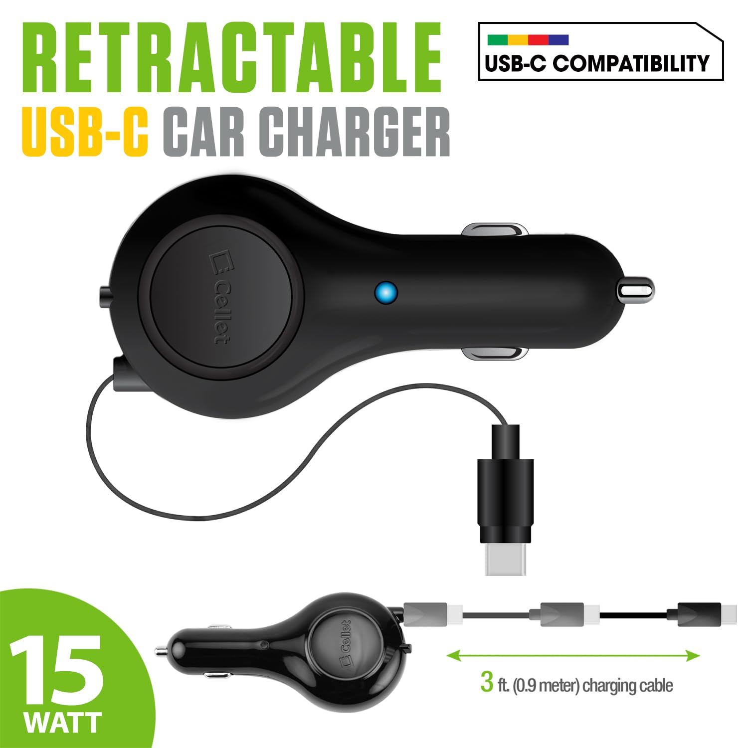 Cellet Cellet USB-C Retractable Car Charger: Fast Charging for iPhone 15, Samsung Galaxy & More - 15W Compatibility - View 2 of 9