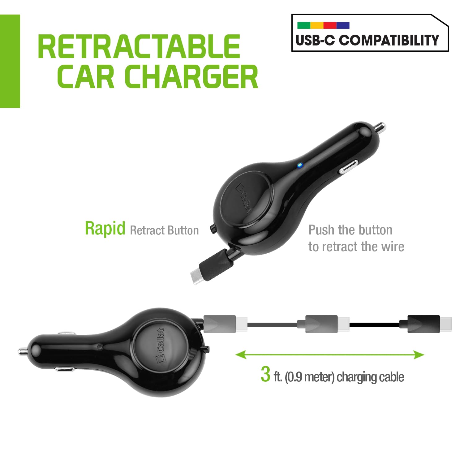 Cellet Cellet USB-C Retractable Car Charger: Fast Charging for iPhone 15, Samsung Galaxy & More - 15W Compatibility - View 6 of 9