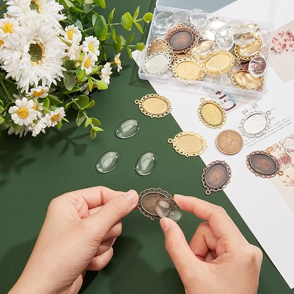 PH PandaHall PH PandaHall 60pcs Pendant Tray Kit with 30 Oval Bezel and 30 Glass Cabochon Dome Tiles for Wedding and Graduation Photo Charms - View 7 of 8
