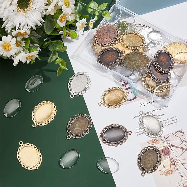 PH PandaHall PH PandaHall 60pcs Pendant Tray Kit with 30 Oval Bezel and 30 Glass Cabochon Dome Tiles for Wedding and Graduation Photo Charms - View 8 of 8