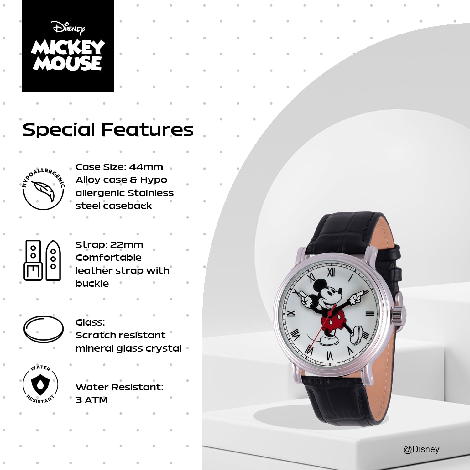 Disney Disney Mickey Mouse Vintage Articulating Hands Analog Quartz Watch for Adults Silver and Black - View 4 of 9