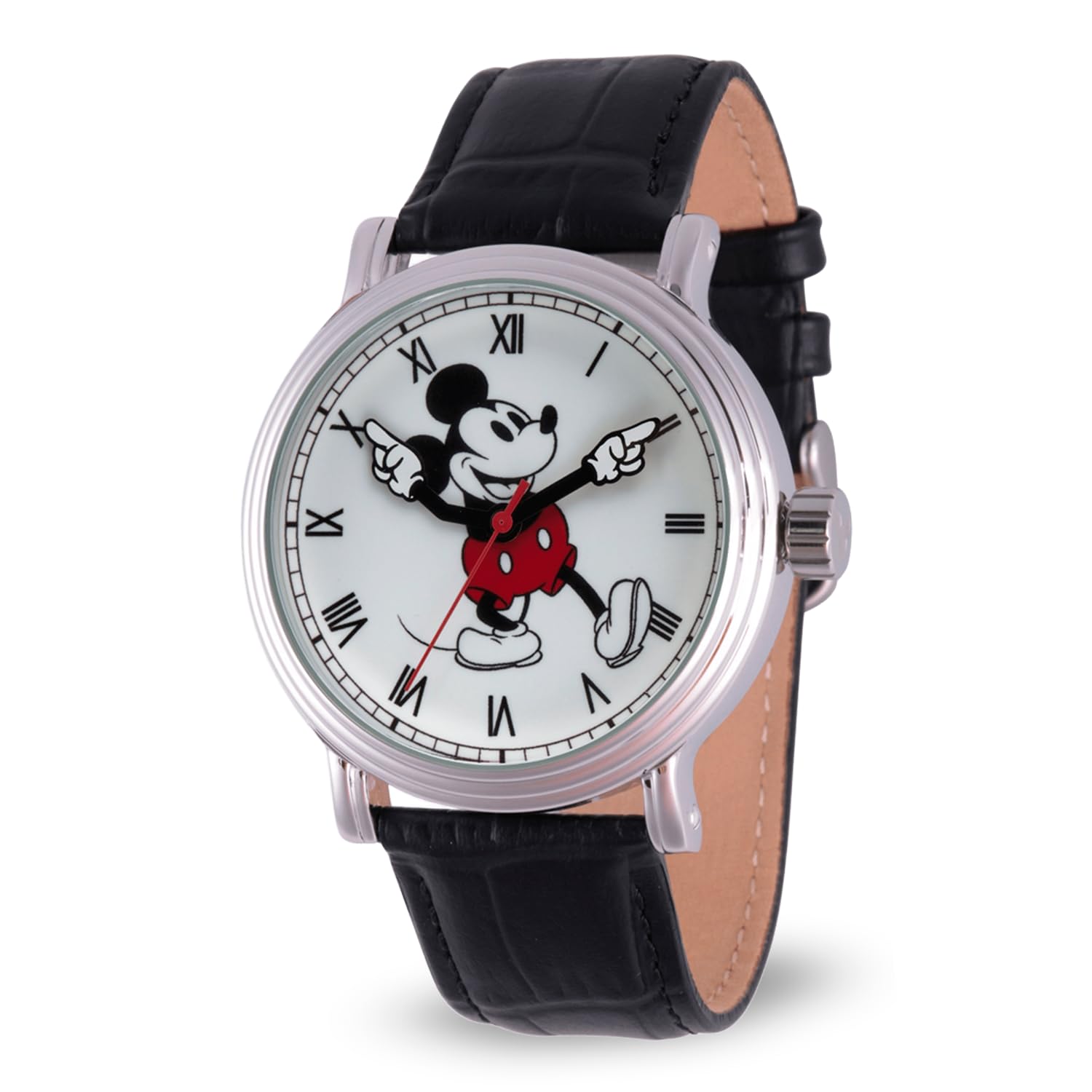 Disney Mickey Mouse Vintage Articulating Hands Analog Quartz Watch for Adults Silver and Black
