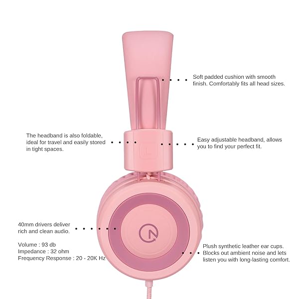 noot products Kids Headphones K11: Foldable Stereo, Tangle-Free, 5ft Cord - Perfect for iPad, School, Travel & More - Soft Pink - View 4 of 8