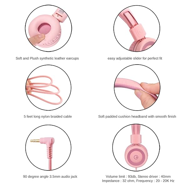 noot products Kids Headphones K11: Foldable Stereo, Tangle-Free, 5ft Cord - Perfect for iPad, School, Travel & More - Soft Pink - View 5 of 8