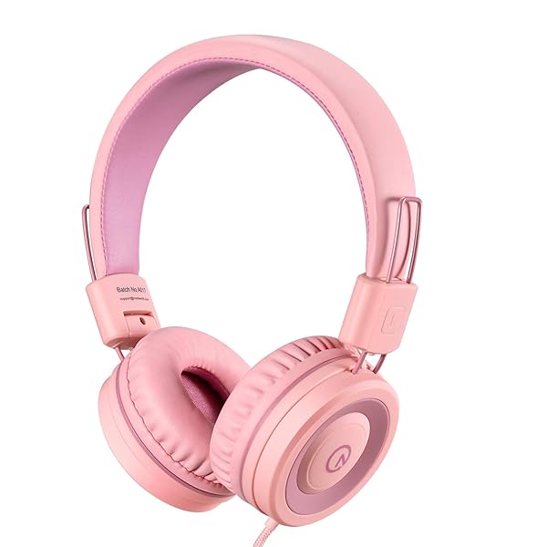 noot products Kids Headphones K11: Foldable Stereo, Tangle-Free, 5ft Cord - Perfect for iPad, School, Travel & More - Soft Pink