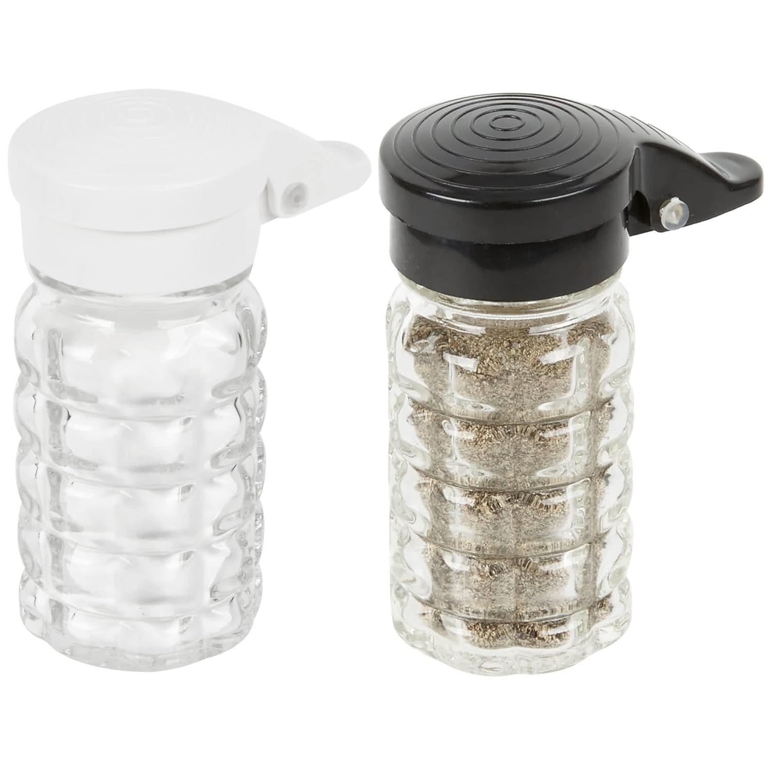 Tablecraft Tablecraft Moisture Proof Salt and Pepper Shakers 1.5 Oz Glass Black and White Lids Spring Loaded No Clog Set of 2