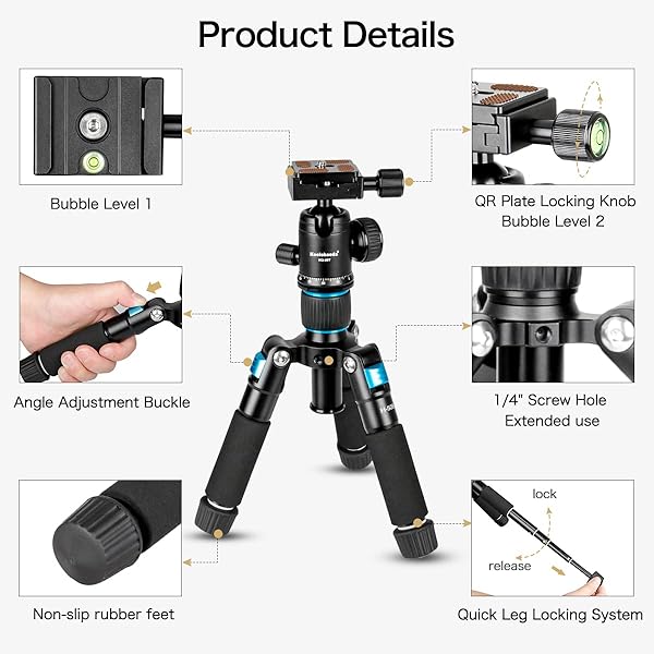 koolehaoda Koolehaoda Portable Mini Tripod Aluminum Alloy Tabletop Tripod Height 20 inch / 51cm with 360 Degree Ball Head and Bag for DSLR Camera, Video Camcorder.Load up to 11lbs / 5kg - (Blue) - View 3 of 9