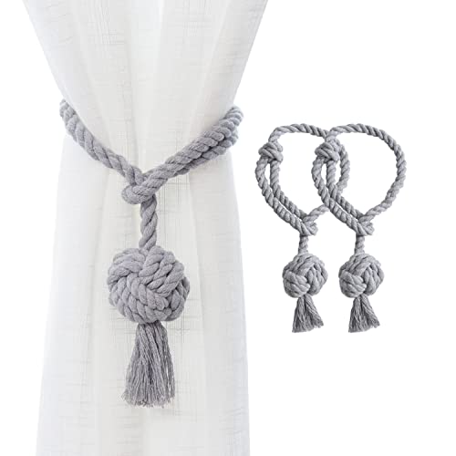 JQWUPUP JQWUPUP Rustic Curtain Tiebacks - 2 Pack Hand Knitted Cotton Holdbacks for Sheer & Blackout Curtains in Grey