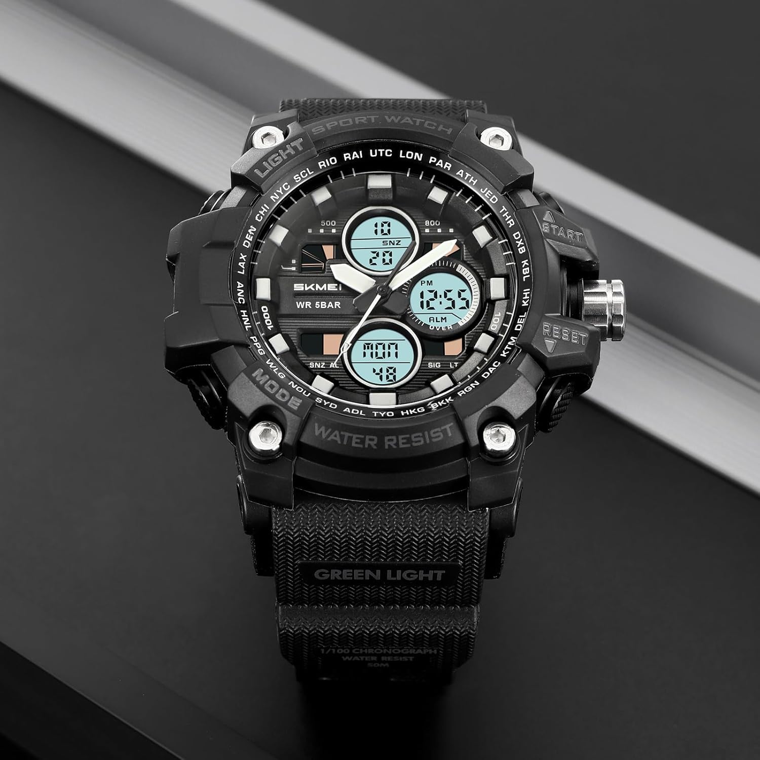 CARLIEN Military Men's Sports Analog Quartz Watch Dual Display Alarm Digital LED Backlight Green - View 4 of 9