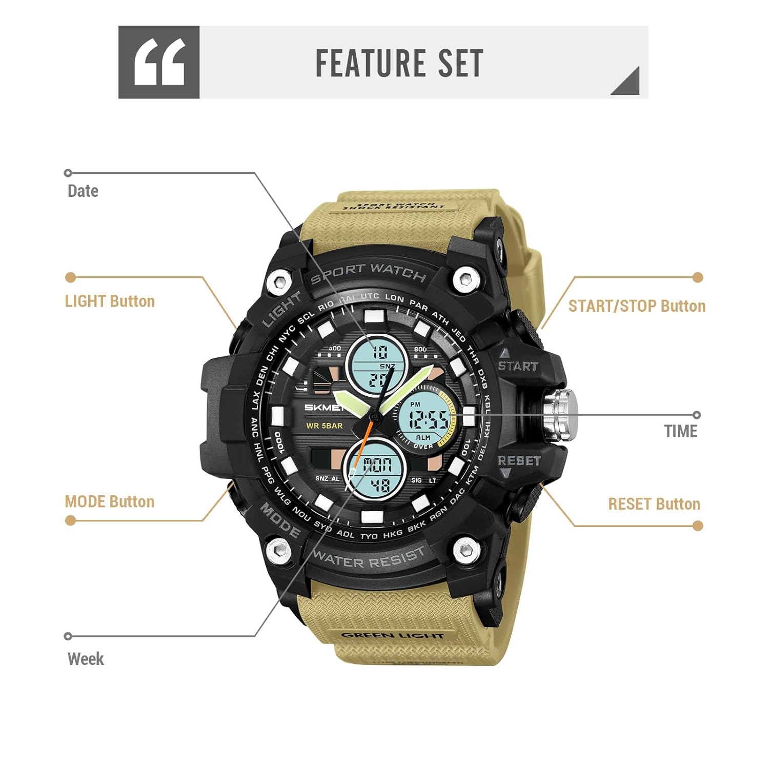 CARLIEN Military Men's Sports Analog Quartz Watch Dual Display Alarm Digital LED Backlight Green - View 7 of 9