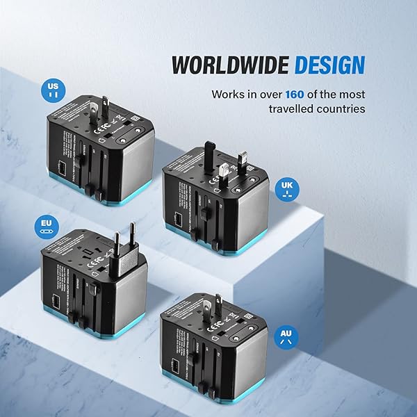 Unidapt International USB Travel Power Adapter UNIDAPT Universal Wall Charger with 4 USB Ports and Type C Smart Charging for Global Use Blue - View 4 of 7