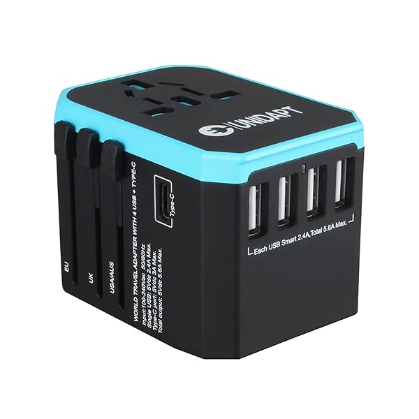 Unidapt International USB Travel Power Adapter UNIDAPT Universal Wall Charger with 4 USB Ports and Type C Smart Charging for Global Use Blue - View 2 of 7
