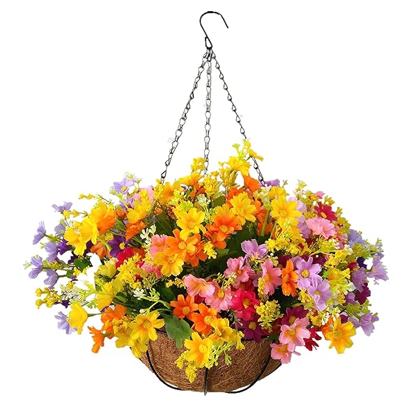 Mynse Mynse Daisy Flower Artificial Hanging Plant for Home Balcony Indoor Outdoor Decor Small Silk Flower Basket with Chain