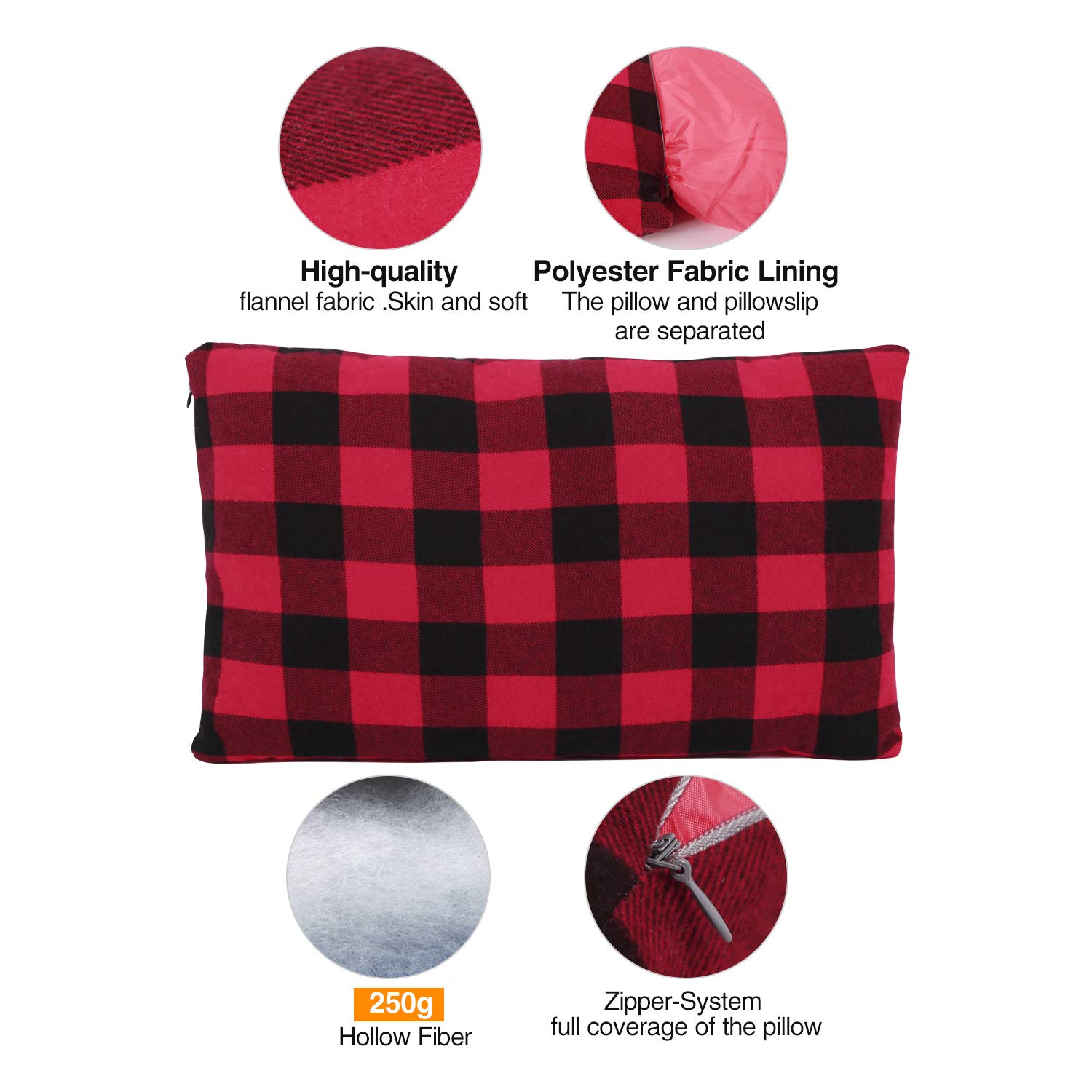 REDCAMP REDCAMP Lightweight Compressible Small Camping Pillow Flannel Travel Pillow with Removable Cover Red and Black Plaid 1PC - View 2 of 7
