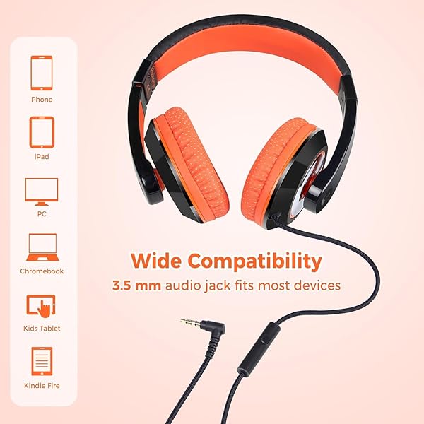 rockpapa Rockpapa Comfort+ Kids Headphones with Microphone - Over-Ear Wired for School & Tablets - Black & Orange - View 4 of 7