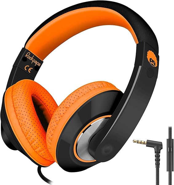rockpapa Rockpapa Comfort+ Kids Headphones with Microphone - Over-Ear Wired for School & Tablets - Black & Orange