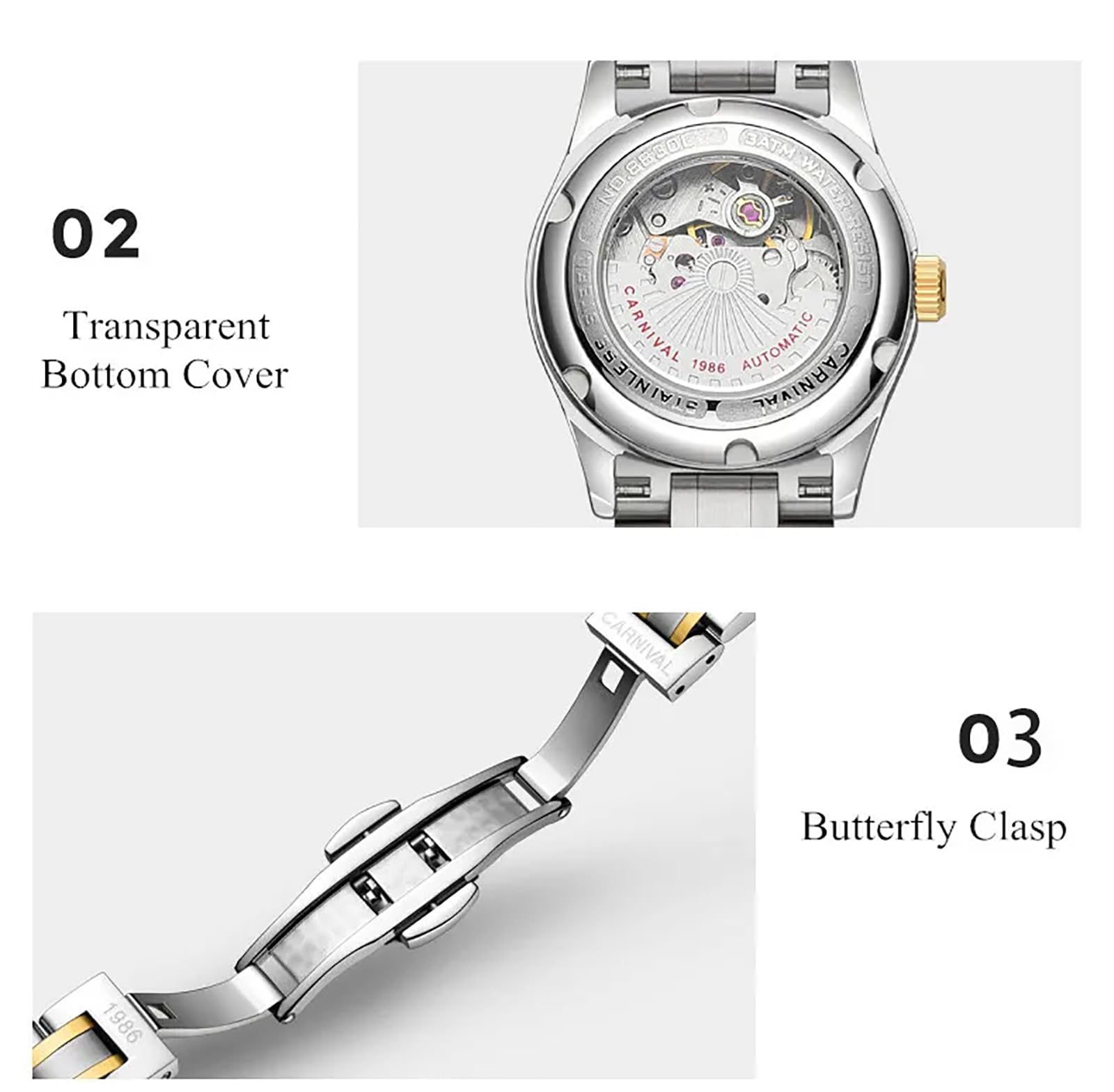 Gosasa Automatic Fashion Women's Analog Watch Stainless Steel Waterproof Luxury Dress Watch White - View 5 of 6