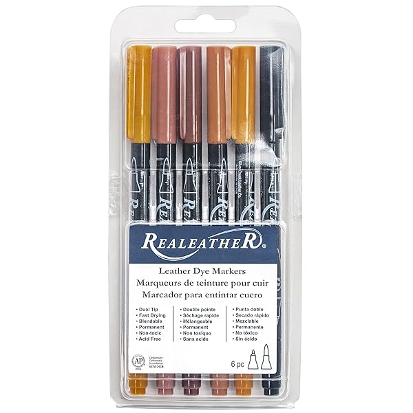 Realeather Realeather F2400-01 Leather Dye Pens 6-Pack: Double-Sided, Fine & Brush Tips in Earth Tone Colors - View 2 of 5