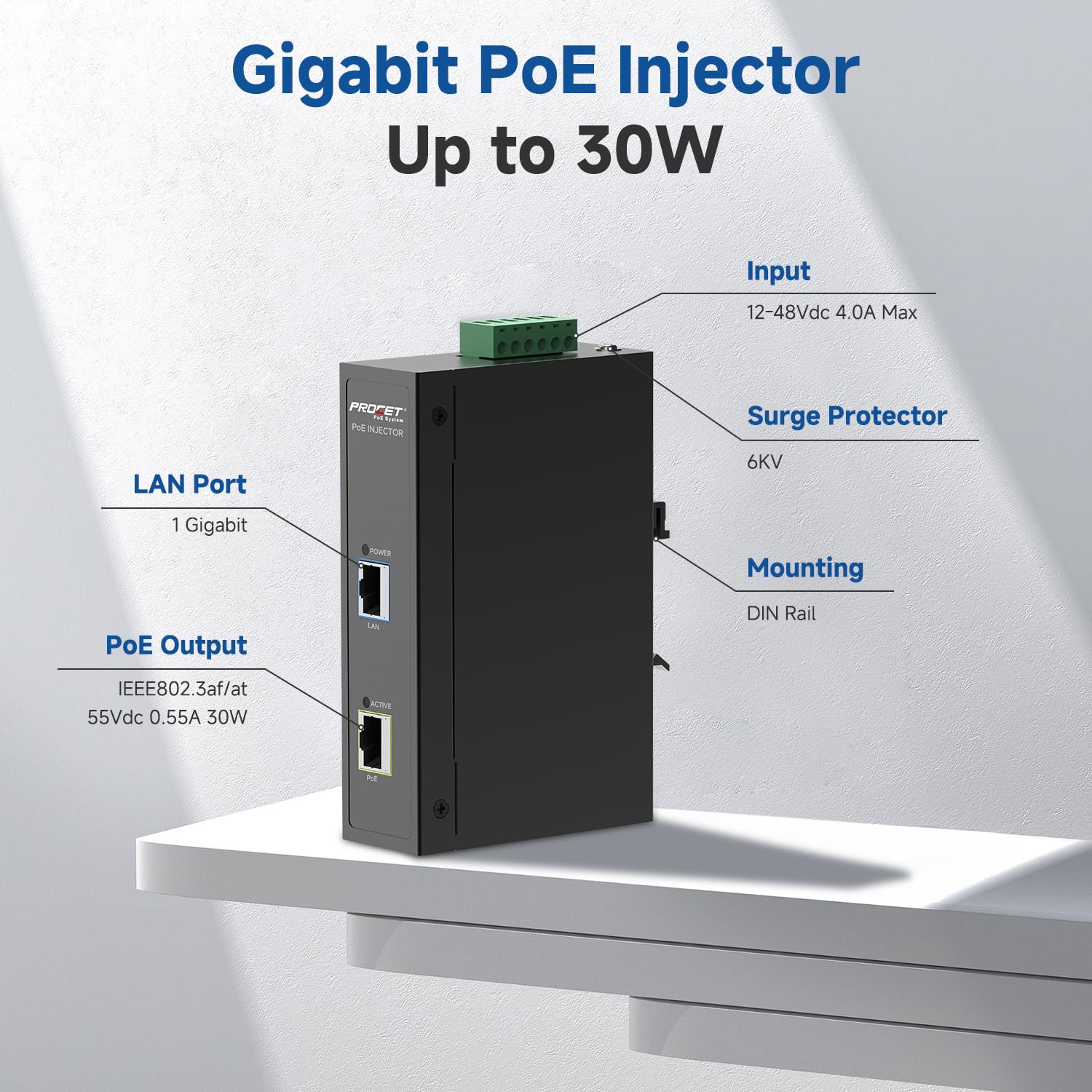 PROCET PoE System PROCET DIN Rail PoE Injector 30W Industrial IEEE802.3at PoE Plus with 6KV Surge Protection and Wide Temperature Range -40 to 149 Degrees - View 2 of 6