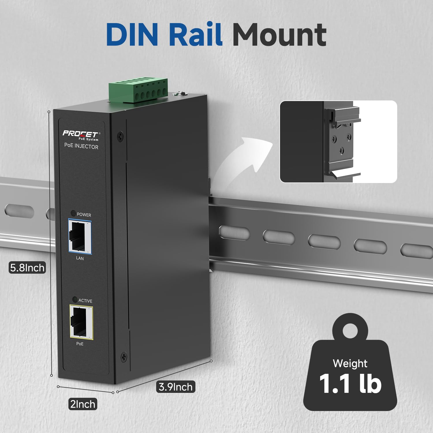 PROCET PoE System PROCET DIN Rail PoE Injector 30W Industrial IEEE802.3at PoE Plus with 6KV Surge Protection and Wide Temperature Range -40 to 149 Degrees - View 4 of 6
