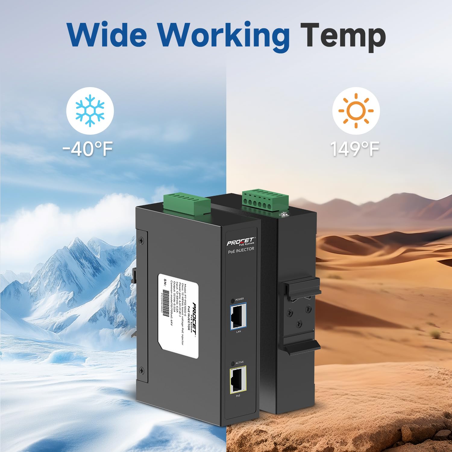 PROCET PoE System PROCET DIN Rail PoE Injector 30W Industrial IEEE802.3at PoE Plus with 6KV Surge Protection and Wide Temperature Range -40 to 149 Degrees - View 6 of 6