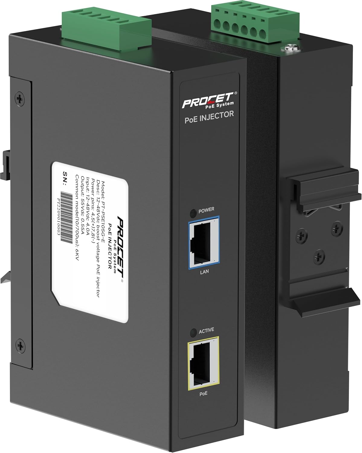 PROCET PoE System PROCET DIN Rail PoE Injector 30W Industrial IEEE802.3at PoE Plus with 6KV Surge Protection and Wide Temperature Range -40 to 149 Degrees