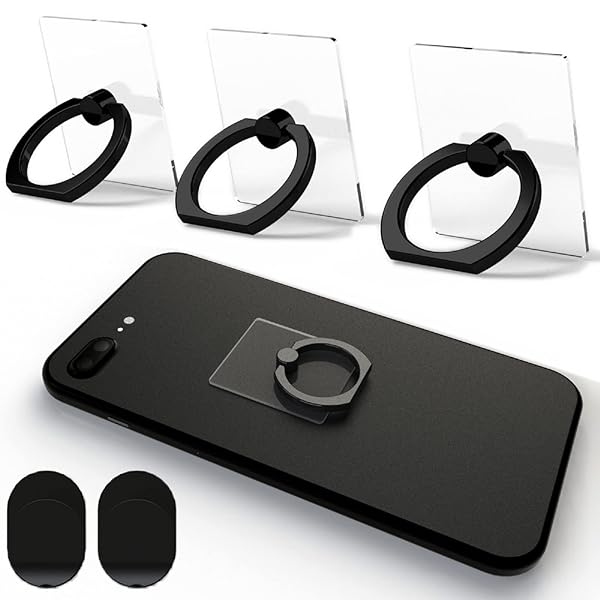 Attom Tech Transparent Phone Ring Holder Grip 360 Degree Rotation Clear Kick-Stand for iPhone and Galaxy Models Black