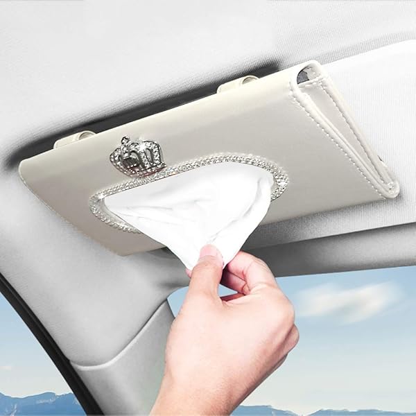 Stylish EING Fashion Crown Crystal Car Tissue Box - Beige Leather Sun Visor Holder for Auto Accessories