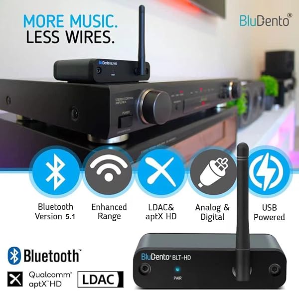 BluDento BluDento BLT-HD Bluetooth Receiver: Hi-Fi Audio Adapter with RCA, Coaxial & Optical Outputs - Bluetooth 5.1 & Enhanced Range - View 2 of 9