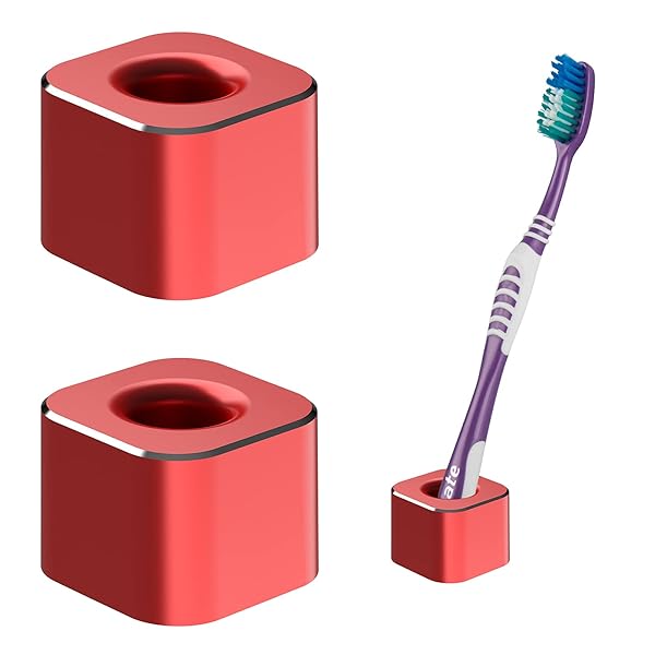 Linkidea Linkidea Mini Toothbrush Holder 2-Pack: Stylish Aluminum Stand for Bathroom & Office Organization (Red)