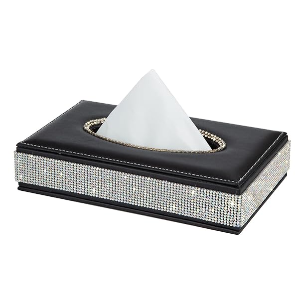 eing Elegant Rectangle Tissue Box Cover with Bling Crystal Diamonds - Premium Leather Holder for Car, Office & Home - Black