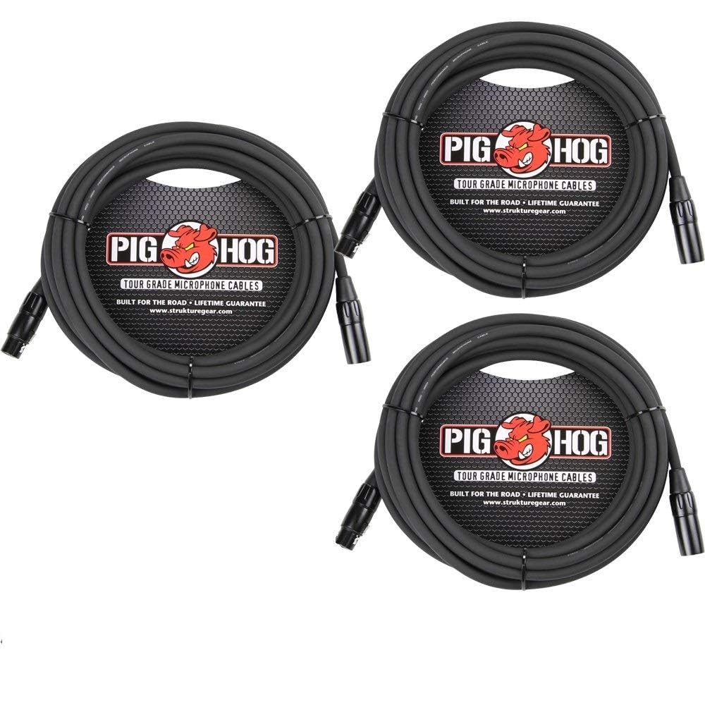Pig Hog XLR 25 Foot Pack Tour Grade Microphone Cables 3 Pack for Professional Sound Quality