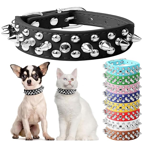 DOGGYZSTYLE Small Spiked Black Dog Collar Adjustable Soft Padded Punk Leather for Small Medium Dogs Chihuahua French Bulldog Pug