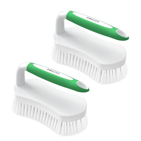 Amazer Heavy-Duty Amazer Scrub Brush Set - Comfort Grip Shower & Floor Cleaner with Stiff Bristles (Pack of 2, Green)