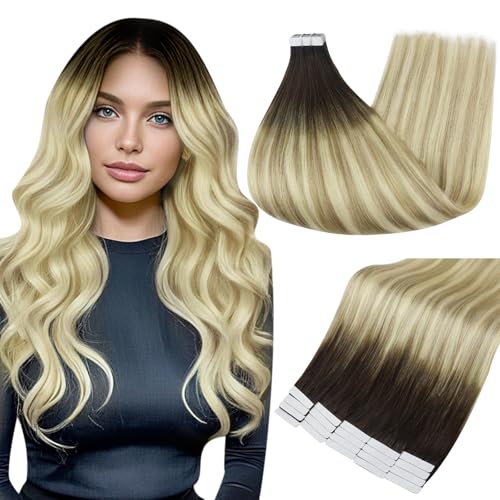 Fshine Full Shine 14 Inch Tape in Extensions Human Hair Color 2 Fading to 18 Ash Blonde Highlight 60 Invisible Remy 20PCS 50g for Party